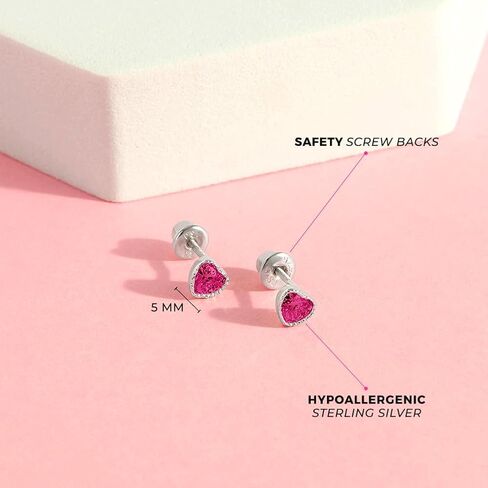 925 Sterling Silver Heart Shaped Cubic Zirconia Safety Screw Back Earrings For Girls - Small Heart Shaped CZ Young Girls Earrings - Toddlers Heart Shaped Earrings in Saudi Arabia