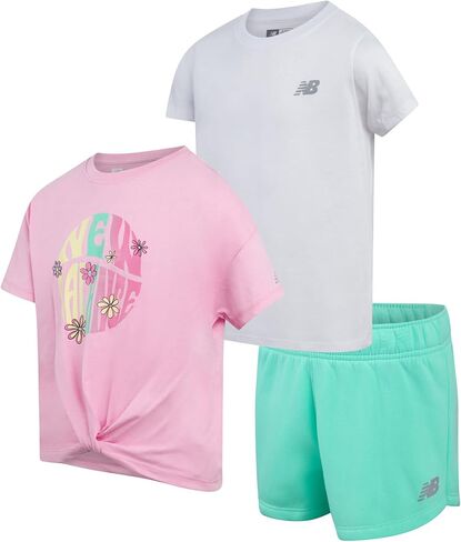 New Balance Girls Short Set - 3 Piece Short Sleeve Athletic Graphic Tee and Fleece Active Shorts for Girls (Sizes: 7-12) in Saudi Arabia
