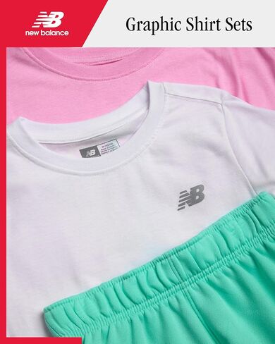 New Balance Girls Short Set - 3 Piece Short Sleeve Athletic Graphic Tee and Fleece Active Shorts for Girls (Sizes: 7-12) in Saudi Arabia