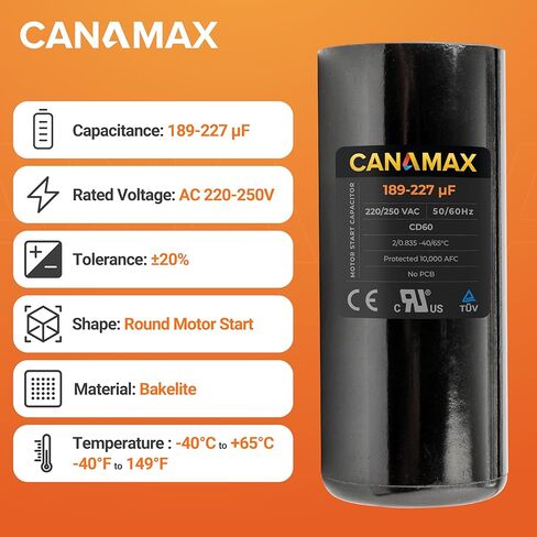 Canamax Premium 189-227 فائق التوهج/MFD 220-250 فولت تيار متردد مكثف بدء مستدير 50/60 هرتز تيار متردد كهربائي - مناسب تمامًا لتشغيل محرك التيار المتردد أو تشغيل المروحة ومكيف الهواء البارد أو المضخة الحرارية in Saudi Arabia