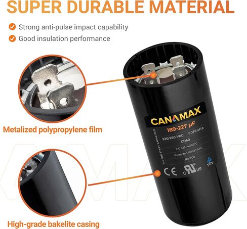 Canamax Premium 189-227 فائق التوهج/MFD 220-250 فولت تيار متردد مكثف بدء مستدير 50/60 هرتز تيار متردد كهربائي - مناسب تمامًا لتشغيل محرك التيار المتردد أو تشغيل المروحة ومكيف الهواء البارد أو المضخة الحرارية in Saudi Arabia