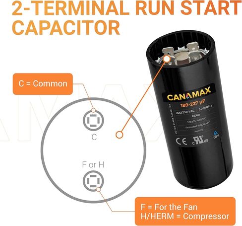 Canamax Premium 189-227 فائق التوهج/MFD 220-250 فولت تيار متردد مكثف بدء مستدير 50/60 هرتز تيار متردد كهربائي - مناسب تمامًا لتشغيل محرك التيار المتردد أو تشغيل المروحة ومكيف الهواء البارد أو المضخة الحرارية in Saudi Arabia