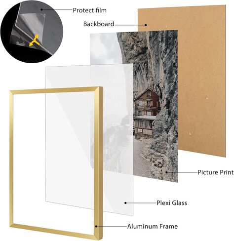 Frametory ، إطار ملصق الألومنيوم A4 ، الأمامي الأكريليكي ، إطارات صور معدنية رقيقة للصور 8.3x11.7 ، جدار أفقي/رأسي (حزمة واحدة ، ذهبية) in Kuwait