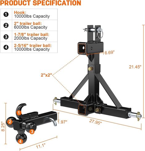 3 Point Hitch Dual 2" Receiver with Trailer Ball Hitch and Hook, 3 Point Trailer Hitch Tractor Mover Drawbar Hitch with Standard and 5th Wheel/Goose Neck Connection, Cat.1 3 Point Hitch Attachment in Saudi Arabia