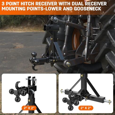 3 Point Hitch Dual 2" Receiver with Trailer Ball Hitch and Hook, 3 Point Trailer Hitch Tractor Mover Drawbar Hitch with Standard and 5th Wheel/Goose Neck Connection, Cat.1 3 Point Hitch Attachment in Saudi Arabia