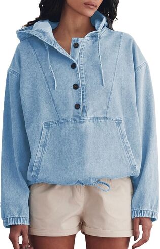 Women's Denim Hoodie Button Down Pullover Jacket Jean Sweatshirt Tops in Saudi Arabia