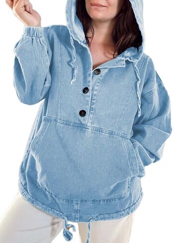 Women's Denim Hoodie Button Down Pullover Jacket Jean Sweatshirt Tops in Saudi Arabia