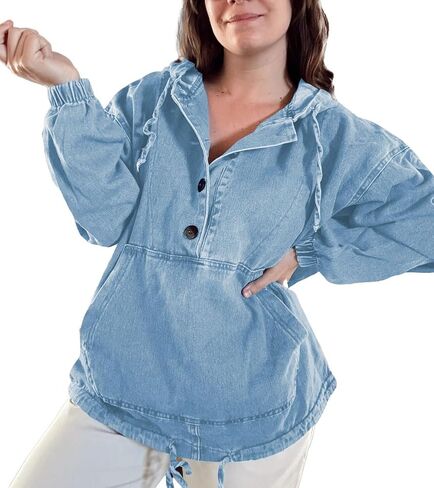 Women's Denim Hoodie Button Down Pullover Jacket Jean Sweatshirt Tops in Saudi Arabia