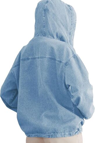 Women's Denim Hoodie Button Down Pullover Jacket Jean Sweatshirt Tops in Saudi Arabia