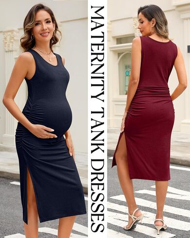 Neer 2 Pack Women's Cotton Cotton Alcyless Dresses Frustes ، Scoop Dick Side Slit Clits Eltsics Ruched BodyCon in Saudi Arabia