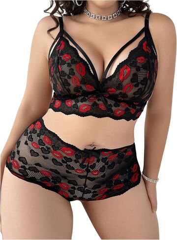 Wdirara Women's Plus Size 2 قطعة الملابس الداخلية مجموعة صدرية الدانتيل الشفاه ومجموعة اللباس الداخلي in Saudi Arabia