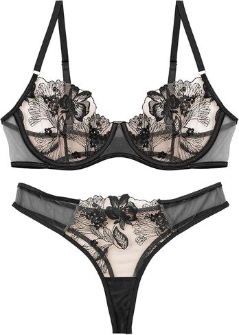 SEAUR Women's Sexy Floral Lace Lingerie Set Sheer Embroidered Mesh Bra and Panty in Saudi Arabia