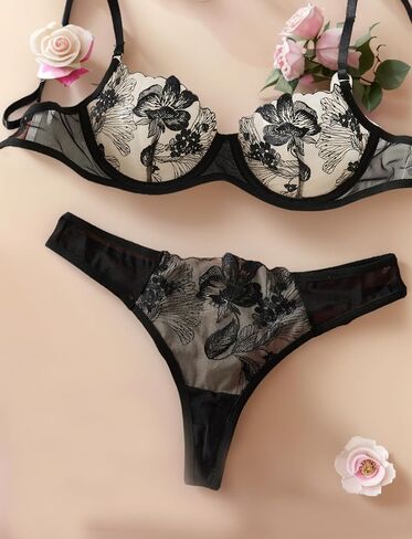 SEAUR Women's Sexy Floral Lace Lingerie Set Sheer Embroidered Mesh Bra and Panty in Saudi Arabia