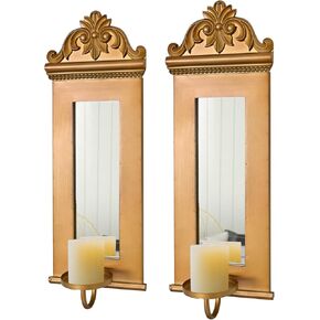 Mirrored Wall Sconces Antique Gold Set of 2 - Classic Mirror Design - Large Ornate Candle Holder Pair - Elegant Wall Decor for Bedroom, Dining, Living Room - Stately Decor