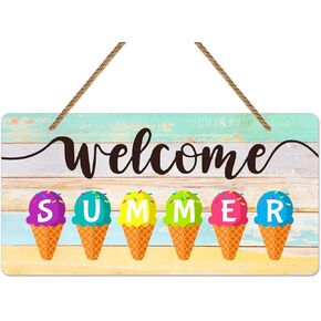FLYAB Hello Summer Door Sign, 6"x12" Farmhouse Summer Decor Sign, Ice Cream Summer Hanger Sign, Welcome Sign for Front Door Porch Home Wall Kitchen Office Decorations