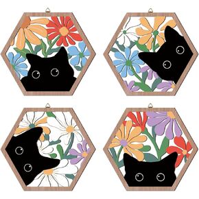 HOURIA 4pcs Funny Black Cat Wall Decor,11.2 * 9.8 Inches Boho Floral Cat Wood Signs,Kitty Flower Market Wall Art,Peeking Cat Decorations for Home Pet Shop,Cat Lover Gifts