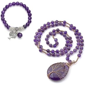 Jovivi Long Amethyst الأحجار الكريمة الطبيعية الشفاء شجرة الحياة سوار مع قلادة قلادة بلورية الكوارتز لعيد الميلاد هدايا عيد الميلاد