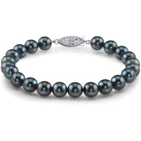 The Pearl Source 14K Gold 7-7.5mm Round Black Japanese Akoya Saltwater Cultured Pearl Bracelet for Women