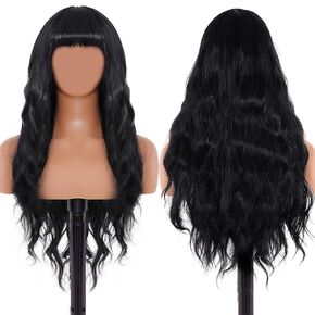 Nydotd Wig with Bangs Women Long Curly Heat Resistant Hair Wig High Temperature Fiber Cosplay Party (Black)
