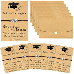 Junkin 6 Pieces 2025 Graduation Gifts Compass Bracelets Class of 2025 Gifts Adjustable Graduation Distance Friendship Bracelets with Card and Envelope College High School Graduate Present