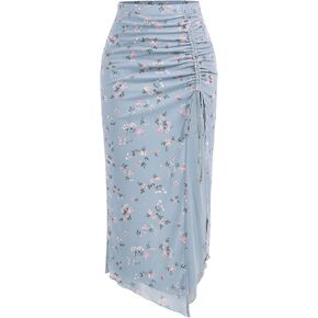 Verdusa Women's Floral High Waist Side Split Maxi Skirt Mesh Drawstring Bodycon Ruffle Hem Long Skirt