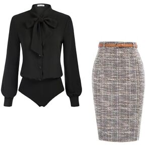 Kate Kasin Women Bow Tie Bodysuit and Tweed Pencil Skirt