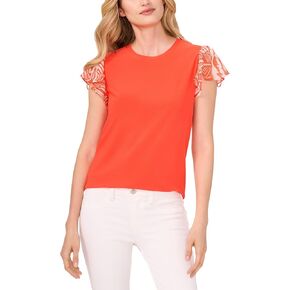 CeCe Women's Mix Media Flutter Sleeve Knit Top