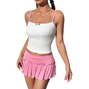 OYOANGLE Women's Floral Patched Rib-Knit Cami Pajama Top Sleeveless Slim Fit Crop Sleepwear White Medium