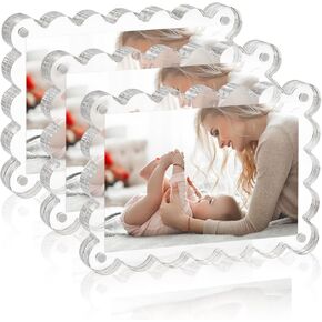 3 Pack - Acrylic Scalloped Picture Frames, 5x7 Inch Double-Sided Magnetic Frame, 10+10mm Thick Block Fits 4x6 Photos & Smaller with Floating Effect, Freestanding Desktop Display for Livingroom, Bedroom, Office (Clear, 5x7 inch)