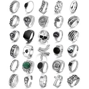 EIELO Vintage Silver Punk Rings Set for Men Cool Gothic Alt Chunky Rings Bulk Skull Snake Stackable Hippie Knuckle Bulky Rings Pack