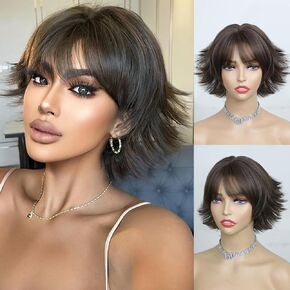 Synthetic Short Wavy Bob Wigs with Bangs for Women Dark Roots Curly Natural Heat Resistant Fiber for Women Daily Party Cosplay Use Brown Blonde