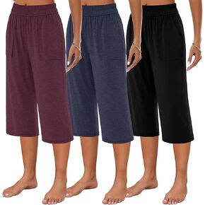 Neer 3 Pack Women's Capris Pants Cotton Wide Leg Sweatpants Casual Loose Fit Yoga Lounge Cropped Jogger Pant with Pockets