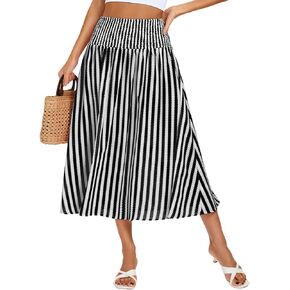 Kate Kasin Women Smocked Summer Beach Skirt Flowy Boho Maxi Long Skirt A Line Striped Tummy Control Skirts 2025 Trendy