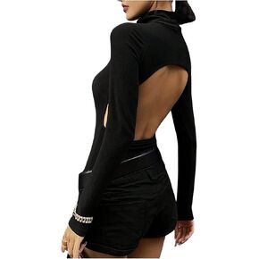 SweatyRocks Women's Backless High Neck Bodysuit Long Sleeve Cut Out Fitted Leotard Tops