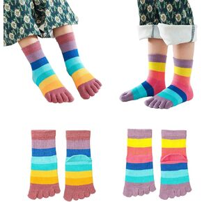 2 Pairs Cotton Five Finger Toe Socks Athletic Running Casual Colorful Rainbow Seperated Socks for Kids Girls Boys 2-10 Years