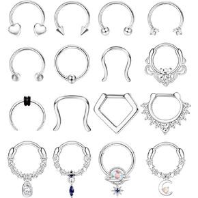 Besteel 16 Pcs Hypoallergenic Septum Rings 16G 316L Stainless Steel Clicker Nose Rings Hoop Tragus Cartilage Helix Daith Piercing Jewelry for Men Women 10mm