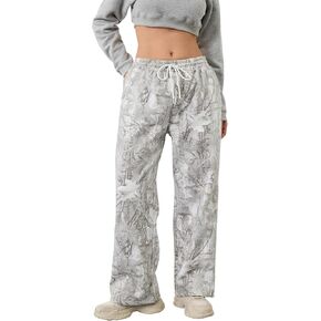 Camo Pants Women Baggy Fleece Y2K Camouflage Cargo Pants High Waisted Wide Leg Drawstring Jogger Sweatpants
