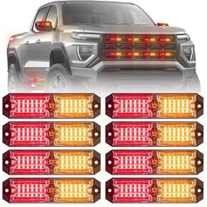 8pcs 12-LED Emergency Strobe Light Ultra Slim Grille Flashing Warning Light Kit for Vehicles and Trucks (Red/White)