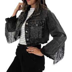 Elegant Fringe Cropped Denim Jacket for Women – Modern Cropped Silhouette & Comfortable Distressed Fabric