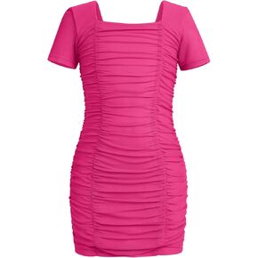 Obeeii Girls Square Neck Short Sleeve Ruched Bodycon Mini Dress Kids Mesh Short Lestig