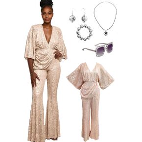 70s Disco Outfit Woman Sequin Jumpsuit Costume Outfits V-Neck for Women with Disco Ball Accessories