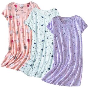 3 Pack Women's Cotton Nightgown Sleepwear Short Sleeve Sleepshirt Casual Print Sleepdress Cotton Sleepwear，S-3XL