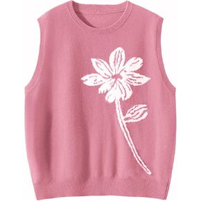 Wowcarbazole Women's Sweater Vest Crew Neck Sleeveless Ribbed Knitwear Casual Trendy Floral Knitted Vest Pullover Top