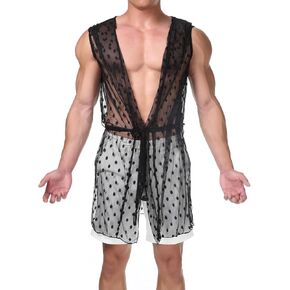 Mens Sexy Black Lace Skirt Underwear,See Through Lace robe Sissy Lingere For Men