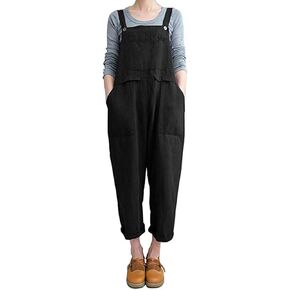 Lncropo Women's Baggy Linen Overalls Jumpsuit Loose Rompers Wide Leg Casual Pants with Pockets