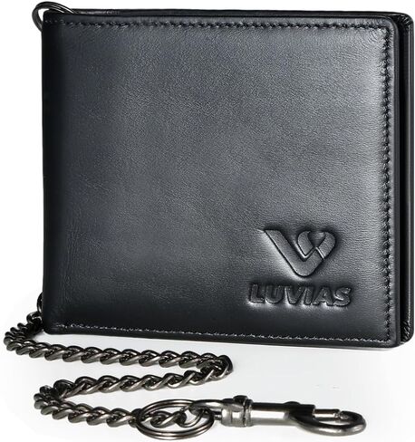 Anti-Theft Mens Wallet with Chain Genuine Leather ID Window Purse with RFID Blocking Slim Bifold Pocket Card Holder in Saudi Arabia