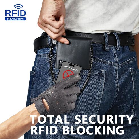 Anti-Theft Mens Wallet with Chain Genuine Leather ID Window Purse with RFID Blocking Slim Bifold Pocket Card Holder in Saudi Arabia