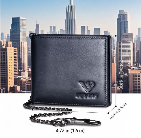 Anti-Theft Mens Wallet with Chain Genuine Leather ID Window Purse with RFID Blocking Slim Bifold Pocket Card Holder in Saudi Arabia