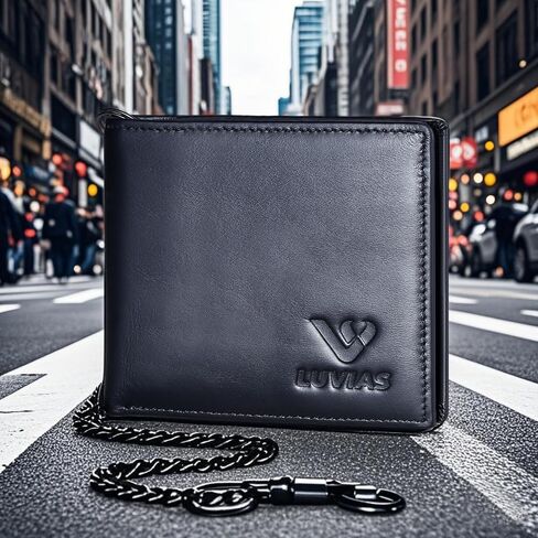Anti-Theft Mens Wallet with Chain Genuine Leather ID Window Purse with RFID Blocking Slim Bifold Pocket Card Holder in Saudi Arabia