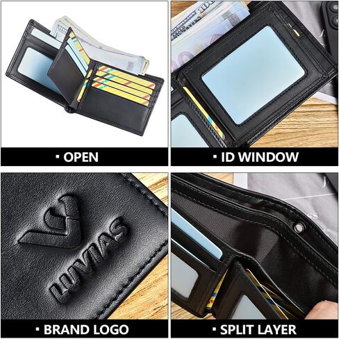 Anti-Theft Mens Wallet with Chain Genuine Leather ID Window Purse with RFID Blocking Slim Bifold Pocket Card Holder in Saudi Arabia